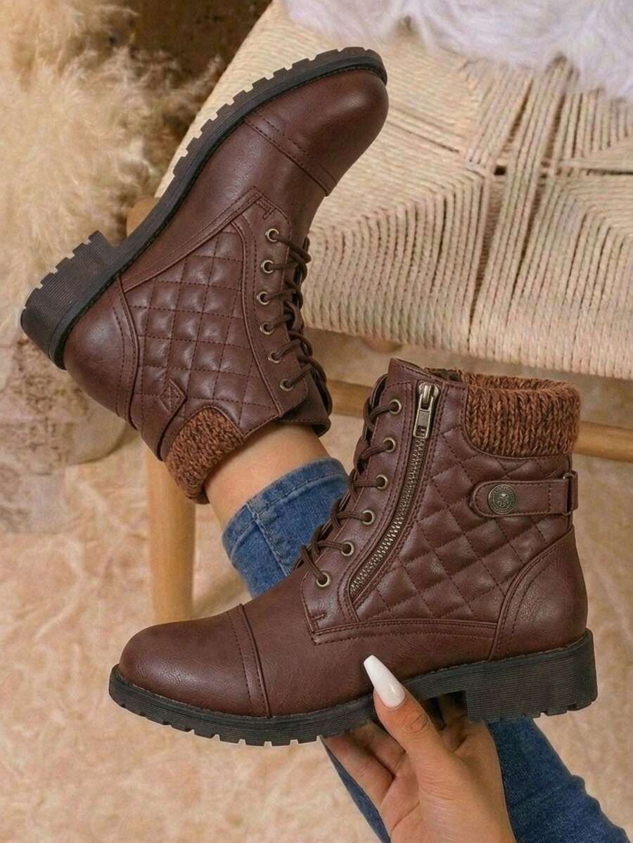 Women's Lace Up Combat Ankle Boots – Comfortable Short Booties With Low Heel - CJY927-干邑白蘭地 - 查看 1