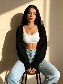 Casual Chunky Knit Cropped Cardigan For Teens - Black - View 1