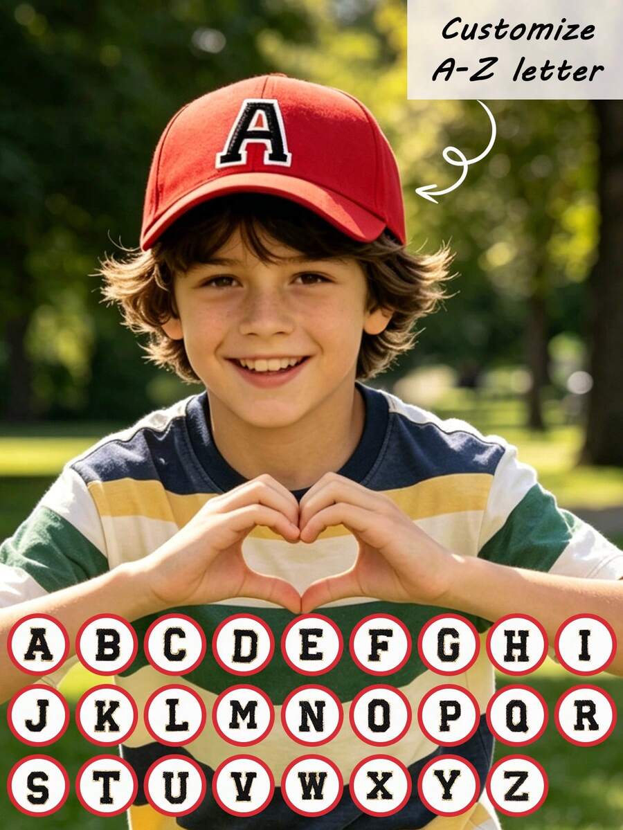 1pc Customized A-Z Letter Baseball Cap, Adjustable Breathable Hat, Suitable For 3-16 Years Old Boys And Girls, Travel Outdoor Sun Protection Hat - Red - View 1