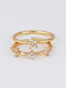 2pcs Inlaid Cubic Zirconia Sparkling Star & Flower Ring Set, Suitable For Women's Daily Wear, Dating, Wedding, Party, Gathering, Layering, Bridal Gift - Yellow Gold - View 3