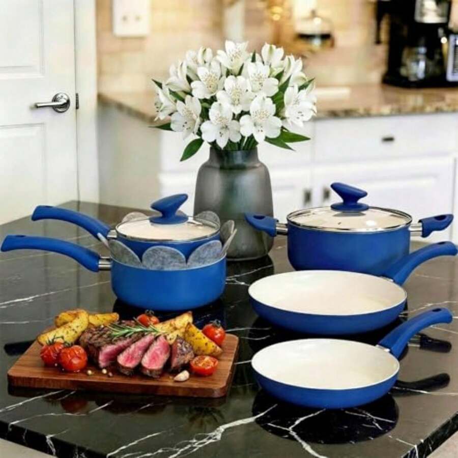 12-Piece Non-Stick Cookware Set - Ceramic Cookware Set With Bakelite Handles - Suitable For Induction And PTFE Hobs - Cobalt Blue - View 1