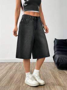 Women's Loose Fit Pocketed Wide Leg Knee Length Jeans Summer Casual Black - Black - View 5