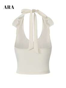 ARA CHIC Women's Cream Ruffle Halter Neck Top, Lace-Up Backless Sleeveless Fitted Cropped Blouse, Date Night Outfit - Light Yellow - View 9