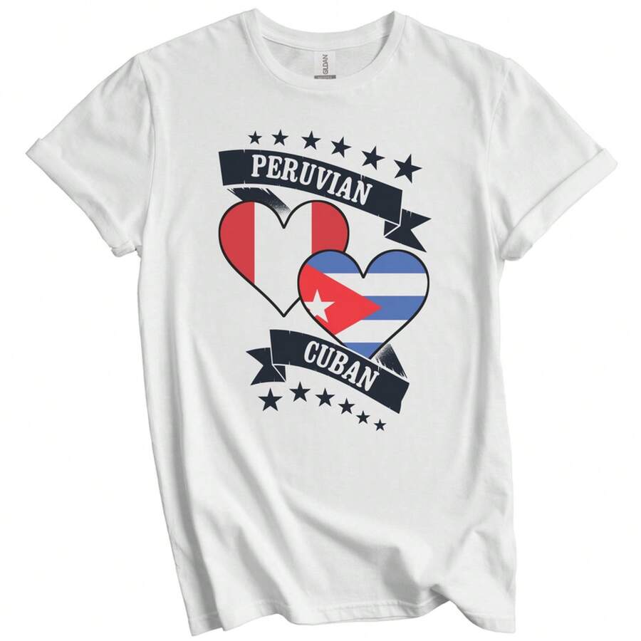 Camiseta con banderas de corazón de Perú y , camiseta de fútbol, copa de fútbol, camiseta de manga corta 100% algodón de talla grande, adecuada para la colección de entusiastas del fútbol. - Blanco - Ver 1