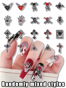 10pcs Dark Gothic Style Alloy Cross Nail Art Charms, European And American 3D Glitter Skull & Heart Nail Gem Decorations, Rhinestone Nail Accessories, Y2K Multi-Functional DIY Nail Decor, False Nail Art Supplies, Summer Nail Art Accessories - Multicolor - View 12