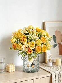 1pc Artificial Rose & Hydrangea Bouquet, Suitable For Vase, Wedding, Home, Outdoor Garden Decor, Valentine's Day, Gift, Birthday, Graduation Celebration - Yellow - View 1