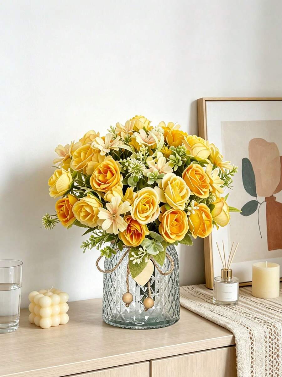 1pc Artificial Rose & Hydrangea Bouquet, Suitable For Vase, Wedding, Home, Outdoor Garden Decor, Valentine's Day, Gift, Birthday, Graduation Celebration - Yellow - View 1