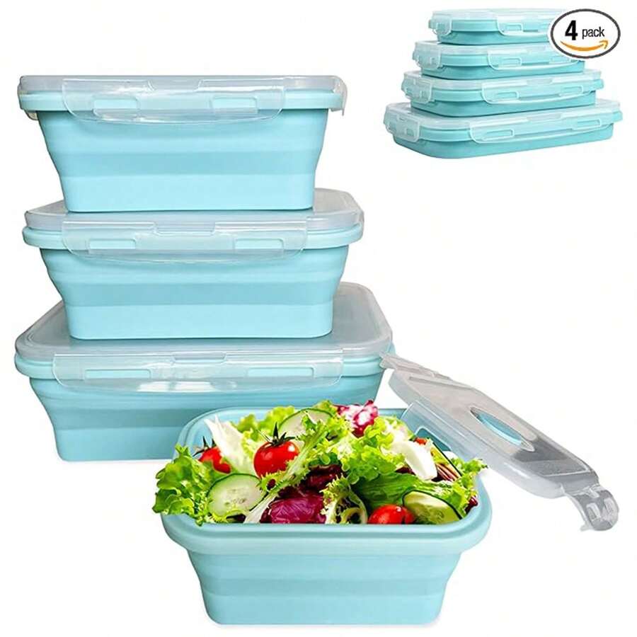 Contenedor de almacenamiento de alimentos cuadrado y plegable - Contenedor de silicona, caja de almuerzo, caja bento, tazón colapsable, caja de conservación de alimentos, con tapa hermética, ventilación, perfecto para camping, organización y almacenamiento en RV, preparación de comidas, almuerzo - Microondas, lavavajillas, congelador - A - Ver 1