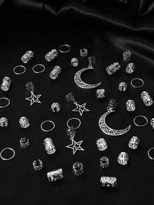 45pcs Women's Braided Hair Ties, Moon And Star Braided Hair Clips, Fashion Personalized Hair Accessories, Suitable For Summer Beach Vacation, Hair Clips, Y2K, Headwear, Bohemian Style,Hair Claws - Silver - View 2