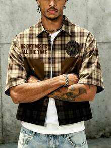 Modcrash Men's Yellow Plaid "NY 89" Slogan Print Short Sleeve Button-Up Shirt, Street Style Retro Shirt - Khaki - View 4
