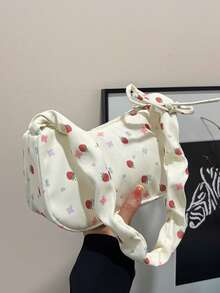 1 buah Tas Bahu Wanita Bahan Nilon Putih dengan Resleting Halus, Motif Cetak Stroberi, Tali Serut, Desain Modis, Serbaguna, Kasual, Musim Panas, Lintas Batas, Tas Bahu Niche Baru, Cocok untuk Penggunaan Sehari-hari Wanita - Putih - View 4