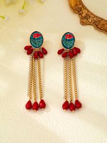 Vintage French Enamel Poppy Tassel Stud Earrings, Red And Green Color Block Gold Chain Teardrop Earrings - Multicolor - View 3