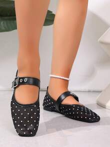 Zapatos Mary Jane de malla con lunares para mujer, primavera/verano, estilo vintage francés, punta cuadrada, correa única, zapatos planos para uso diario - Negro - Ver 4