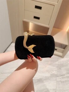 1 Peça Bolsa Clutch de Decoração Sereia Metálica Brilhante de Design de Alto Padrão, Bolsa Mini Feminina de Caixa Dourada Vintage Luxuosa e Cintilante, Elegante, Charmosa, Requintada, Bolsa de Festa da Noite para Casamento/Festa Formal com Tema/Baile/Festa de Coquetel/Festa de Aniversário, Acompanha Corrente - Preto - Visão 3