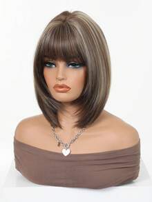 12 Inch Gradient Brown Caramel Highlighted Bob Wig, Lightweight Soft Synthetic Fiber, Neat Long Face-Framing Bangs, Comfortable Adjustable Wig Cap, Suitable For Daily Commute, Vintage Photo Shoot, Cosplay Party, Women's Fashion Synthetic Wig - Brown Highlight - View 3