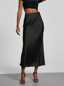 High Waist Solid Color Plus Size Women's Long Skirt With Zipper, Suitable For Office, Evening Date, Holiday, Vacation, Single Party Black - Black - View 1