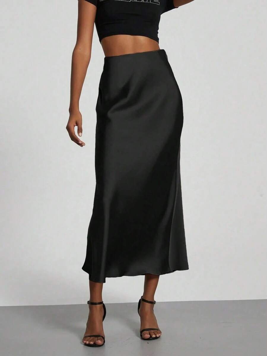 High Waist Solid Color Plus Size Women's Long Skirt With Zipper, Suitable For Office, Evening Date, Holiday, Vacation, Single Party Black - Black - View 1