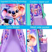 3Pcs Kids Cute Graduation Koala Print School Bag Combo, With Insulated Lunch Box, Pencil Pouch & Pom Pom For Girls Elementary - Purple - View 4