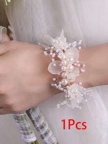1件手工花卉腕花，浪漫紫色玫瑰與珍珠伴娘手鍊，綠色自然風婚禮飾品，適合夏季、海灘、節慶、生日 - 白色 - 查看 6