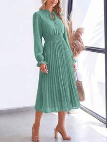 PRETTYGARDEN Women's Spring Fall Midi Dress Casual Long Sleeve V Neck Swiss Dot Pleated A Line Flowy Dresses New Years Party Valentine Vacation Dresses For Women - 綠色 - 查看 4