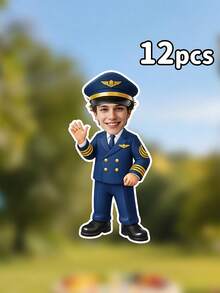 6/12/18pc Custom Photo Pilot Uniform Banner Garland, Personalized Boys Aviation Birthday Face Cutout Bunting, Blue Gold Airplane Themed Party Decor, Kids Birthday Photo Booth Prop,1st Birthday,Aviation Themed Baby Shower,Birthday Gift,Party Supplies - Multicolor - View 8
