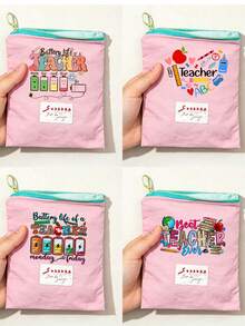 Teacher Appreciation Gift, Large Capacity Portable Makeup Bag, Printed With "Teacher" Text, Makeup Bag, Lining, Perfect For Educators And School Staff, Teacher Thank You Gift, Fashionable Casual Accessory For Travel, Vacation, Daily Commute, Teacher's Day, Portable Storage Bag, Makeup Organizer Bag, Coin Purse, Back To School, Commute, Home Essential. - Multicolor - View 1