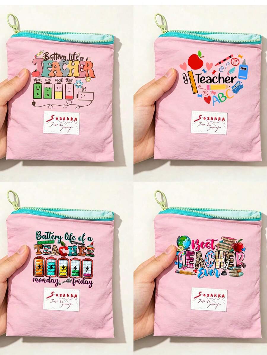 Teacher Appreciation Gift, Large Capacity Portable Makeup Bag, Printed With "Teacher" Text, Makeup Bag, Lining, Perfect For Educators And School Staff, Teacher Thank You Gift, Fashionable Casual Accessory For Travel, Vacation, Daily Commute, Teacher's Day, Portable Storage Bag, Makeup Organizer Bag, Coin Purse, Back To School, Commute, Home Essential. - Multicolor - View 1