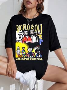 New For 2026: Oversized Unisex Black T-Shirt For Fans, Multi-Panel Print With Cartoon Character Big Flo & Oli World Tour Concert, French Hip-Hop Style. - 黑色 - 查看 1