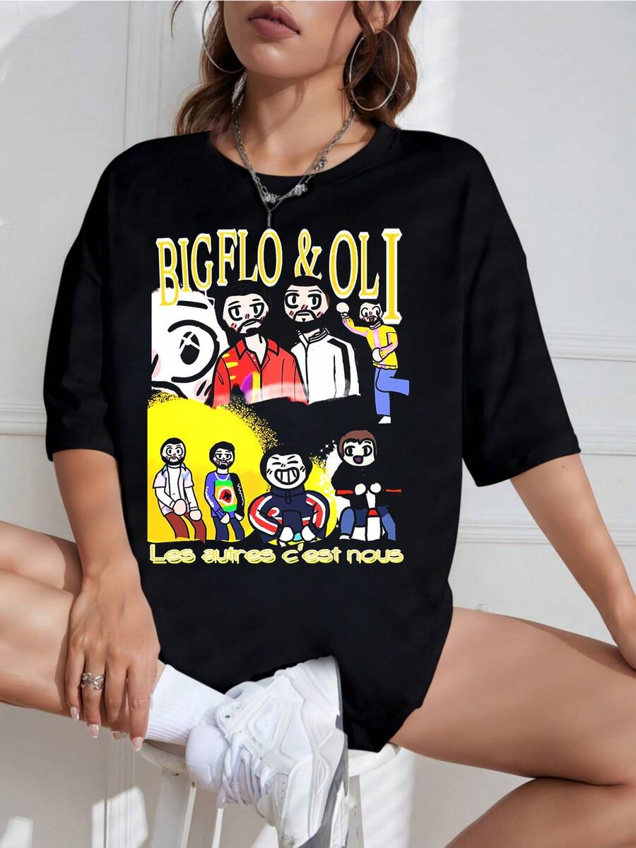 New For 2026: Oversized Unisex Black T-Shirt For Fans, Multi-Panel Print With Cartoon Character Big Flo & Oli World Tour Concert, French Hip-Hop Style. - 黑色 - 查看 1