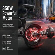 350W Folding Electric Bike For Adults, 15.5 Mi Range, 15.5MPH, 36V 7.5Ah Removable Battery, 14" Tires, 265 LB Load, Ultra-Compact Commuter E-Bike For Urban Riding - màu đen - Xem 3
