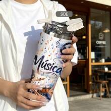 1pc/5pcs 30oz Double Wall Stainless Steel Insulated Tumbler, Music Symbol Pattern, Keeps Cold And Hot Temperatures. Comes With Leak-Proof Lid, Straw And Portable Handle, Suitable For Coffee And Water, Travel Use, Music Theme Gift For Music Lovers. - White - Guitar - View 8
