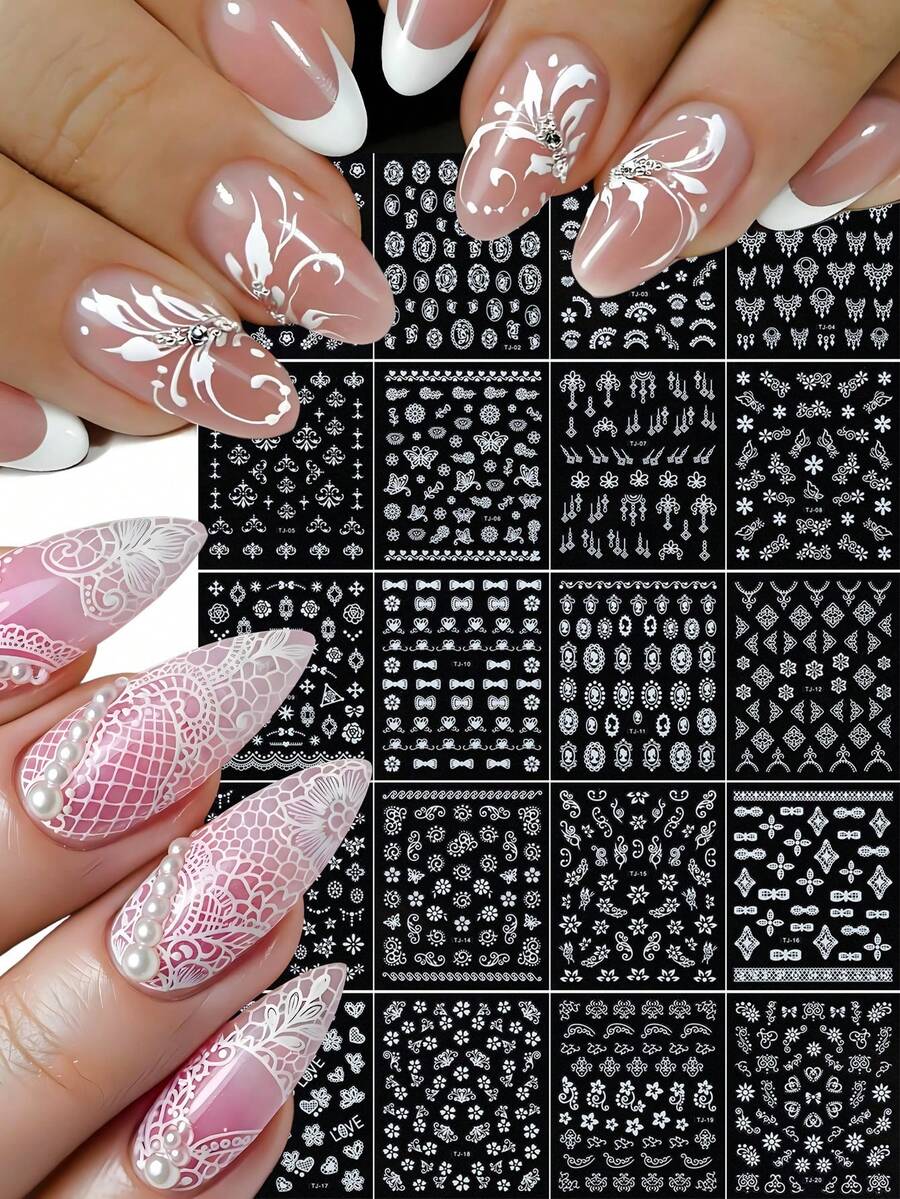 20pcs/Set White Floral Nail Stickers, Mini Flower Lace Vine Nail Decals, Bohemian Line Art Style Gothic Nail Art Supplies For Wedding/Holiday DIY Nail Charms Decorations - White - View 1