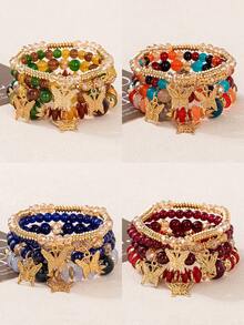 4 piezas/Set Pulsera de cuerda elástica con cuentas y colgante de mariposa de aleación estilo bohemio multicapa Temporada de regreso a la escuela - Multicolor - Ver 3
