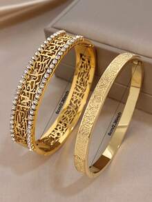 1Pc/2pcs Luxuy Zirconia Hollow Engraved Bangle Bracelet,Stainless Steel Jewelry Set For Women,Daily/Boho/Party/Wedding,Mom Gifts,Valentine Birthday - Multicolor - View 4