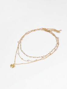 3PCS Ins Style Bowknot Layered Necklace Set, Gold Bead Round Bead Faux Pearl Thin Chain Metal Bowknot Necklace Set For Women - Gold - View 4