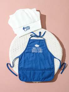 嬰兒紅/藍刺繡廚師攝影服裝 小廚師套裝 白色/藍色廚師帽圍裙組 男女通用嬰兒拍照服裝 - 藍白色 - 查看 5