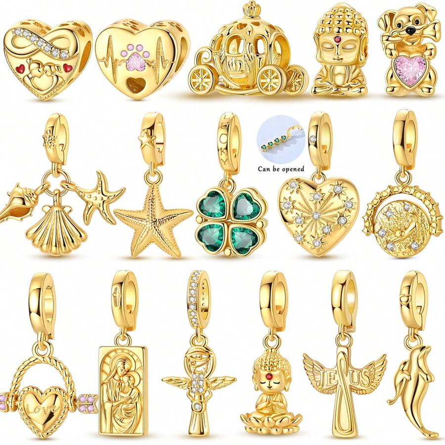 1pc Multi- 18K Gold Plated Heart Pumpkin Carriage Puppy Starfish Four-Leaf Clover Sun Virgin Mary Buddha Cross Dolphin Charms For 3mm Bracelet Necklace DIY Beaded Accessories Daily Layering Western Style Personalized Outfit Elegant - Gold - View 1
