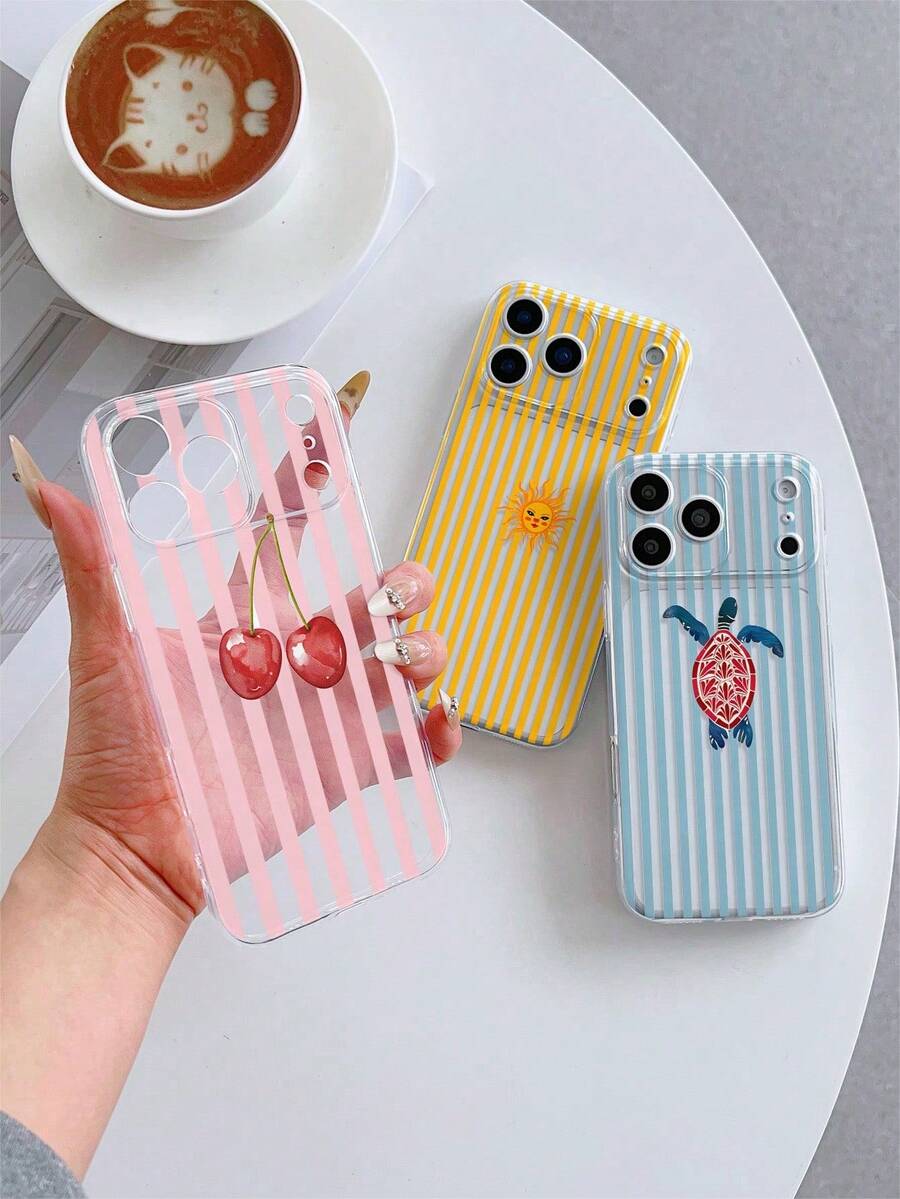 3pcs Transparent Anti-Drop Full Coverage TPU Soft Phone Case, UV Printed Pink Stripes With Cherry Turtle Sun Combination Pattern Fashionable Phone Case, Compatible With IPhone 7/8/7PLUS/8PLUS/X/XS/XR/XSMAX/11/11PRO/11PROMAX/12/12PRO/12PROMAX/12MINI/13/13PRO/13PROMAX/13MINI/14/14PRO/14PROMAX/14PLUS/15/15PRO/15PROMAX/15PLUS/16/16pro/16promax/16PLUS/17/17pro18/18 Pro/18 Pro Max - Multicolor - View 1
