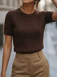 Atasan Pullover Rajut Leher Bulat Kasual Wanita, Elegan untuk Berpergian, Gaya Jalanan, dan Sekolah, Musim Semi/Panas - Coklat - View 3