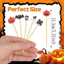 5/10/30/50/100/200pcs Halloween Bamboo Cake Toppers, Ghost Pumpkin Bat Skull Spider Shaped Cake Picks, Party Dessert Table Decoration - Multicolor - View 8