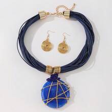 1 Set Bohemian Amber Jewelry Set, Multi-Strand Brown Rope Necklace And Gold Spiral Earrings, For Women, Multiple Colors, Party & Vacation Accessory - Blue - View 17