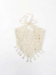1pc Beige Knitted Hollow Out Tassel Triangle Scarf - Multicolor - View 3