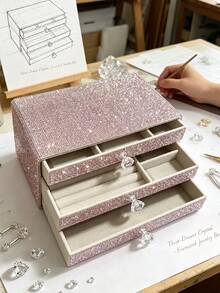 1pc 3-Drawer Rhinestone Jewelry Box, Large Capacity Multifunctional Jewelry Organizer, Luxury Sparkling Storage Box, Jewelry Organizer, Decorative Jewelry Box, Jewelry, Gift, Distribution, Box, Accessory Storage Box, Gift For Women, Gift For Back To School - Red Violet - View 13