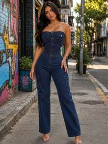 Women Denim Overalls & Jumpsuits - Dark Wash - View 2
