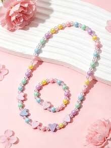 2pcs/Set Girls Heart-Shaped Beaded Necklace And Bracelet, Cute Jewelry Accessories, Suitable For Daily Wear, Holiday Parties, Birthday Gifts - one-size - View 2