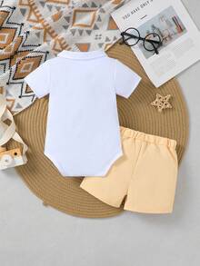 AfterClass 3-Piece Baby Boy Christening Outfit: Short Sleeve Collar Patchwork Waffle Romper + Shorts + Bow Tie, Adorable Christening Suit - Apricot - View 4