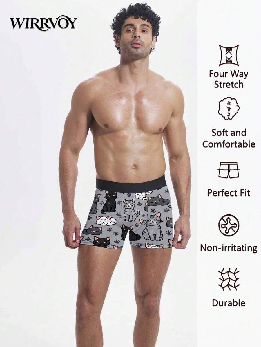 1件裝男士平口內褲,可愛萬聖節貓咪印花透氣舒適內衣,可機洗休閒居家穿著,溫馨趣味禮物 - 黑色 - 查看 1