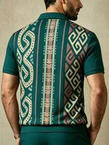 Men's American Retro Totem Print Short Sleeve Shirt & Cropped Pants 2 Piece Set, Classic Polo Collar Half Zip Up Short Sleeve Shirt, Casual Matching - 混合色 - 查看 8
