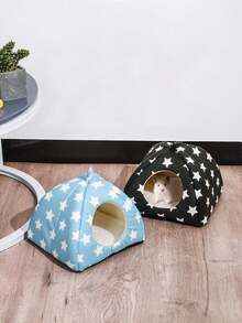 2pcs Blue Star Pattern Hamster Bed, Guinea Pig Tunnel, Rabbit Hideout, Washable Small Pet Warm Nest With Guinea Pig Tunnel, Rabbit Hideout Cage Accessories Set, Suitable For Hamsters, Ferrets, Rabbits - Baby Blue - View 5