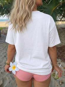 Soft Cotton Summer T-Shirt. Women's Basic Cotton T-Shirt, Vintage Style, With Flamingo, Palm Tree, Hibiscus Flower And "SUNSHINE ON MY MIND" Print, Casual For Everyday Wear, Cut - 白色的 - 查看 2